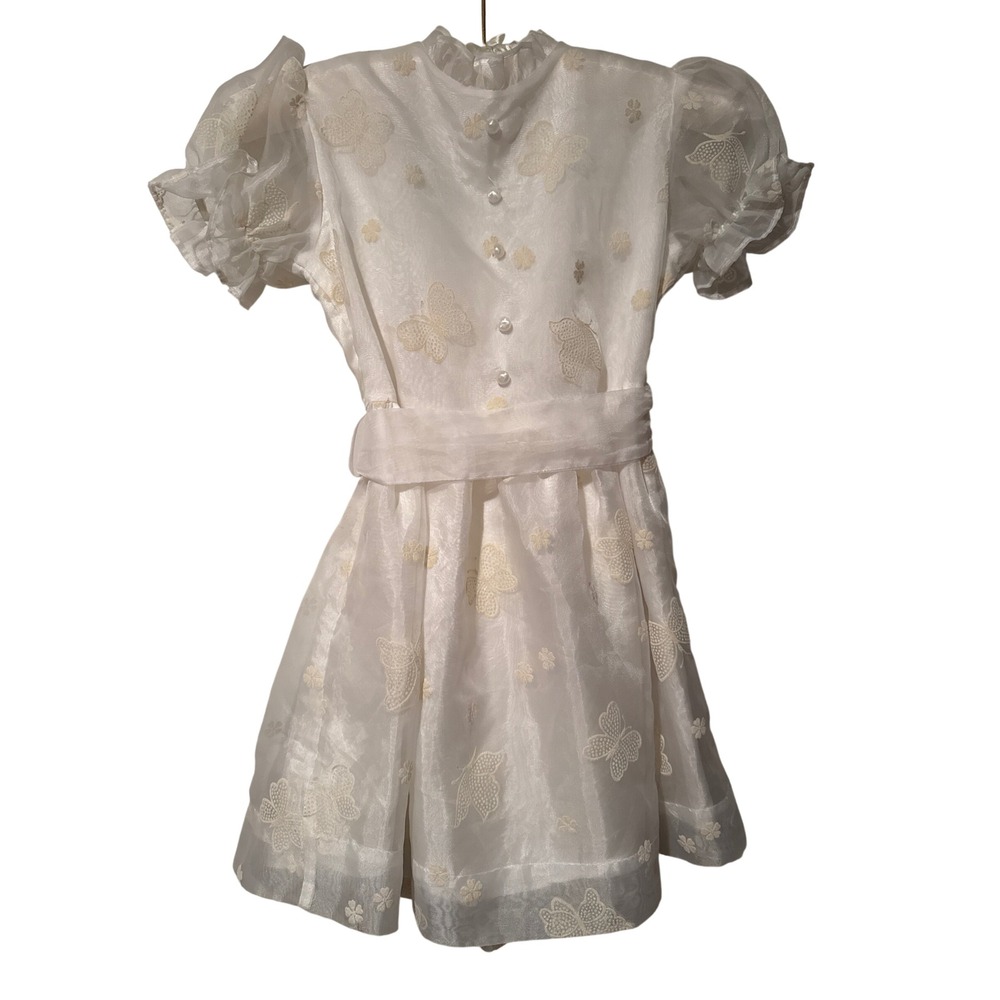 Vtg Organza Party Dress Butterfly Puff Sleeve Sash Ivory Girl's